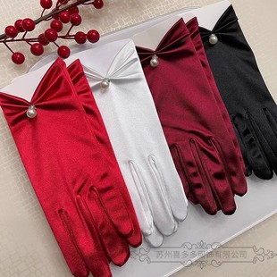 婚纱手套缎面新娘小红书直播迎宾珍珠白伴娘珠宝旅拍婚纱礼服道具