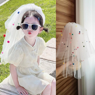 儿童多巴胺头纱女童彩色球球公主拍照道具新娘结婚头饰小女孩生日