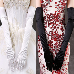 简约新娘婚礼缎面长款 酒红色婚纱手套黑色白色表演出宴会礼服手套