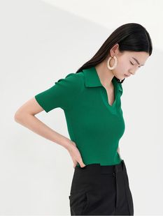 设计感 纯棉 1200￥奢侈品夏装 高弹罗纹坑条 女 Polo领短袖 针织衫