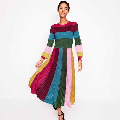 英国BD彩条圆领长袖针织连衣长裙