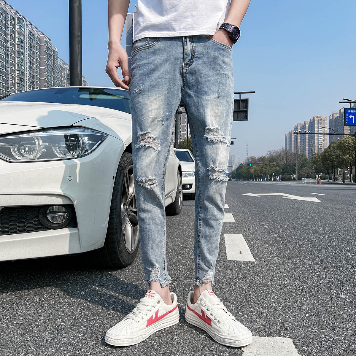 常年做 九分牛仔裤男潮流帅气修身小脚牛仔裤男装潮牌显瘦908P65图片