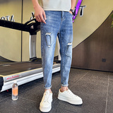 常年做九分牛仔裤男修身弹力复古破洞韩版休闲小脚裤子909P65，男装牛仔裤，星座1102