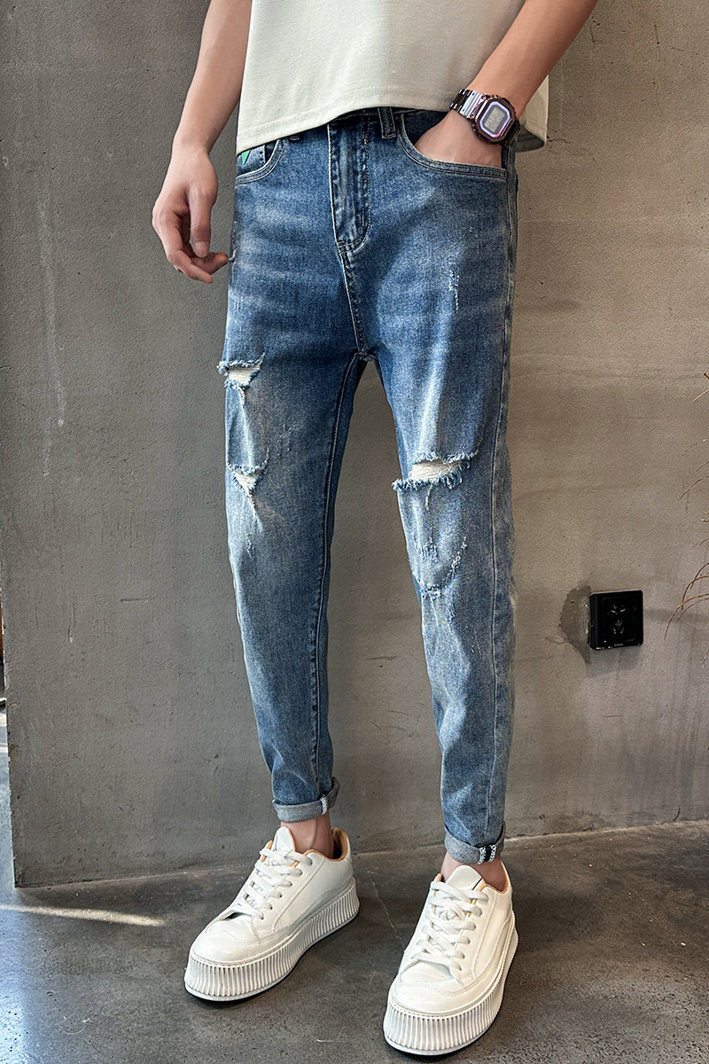 夏季新款水洗修身牛仔裤男士流行时尚休闲破洞小脚九分裤潮909P65,男装牛仔裤,星座1102