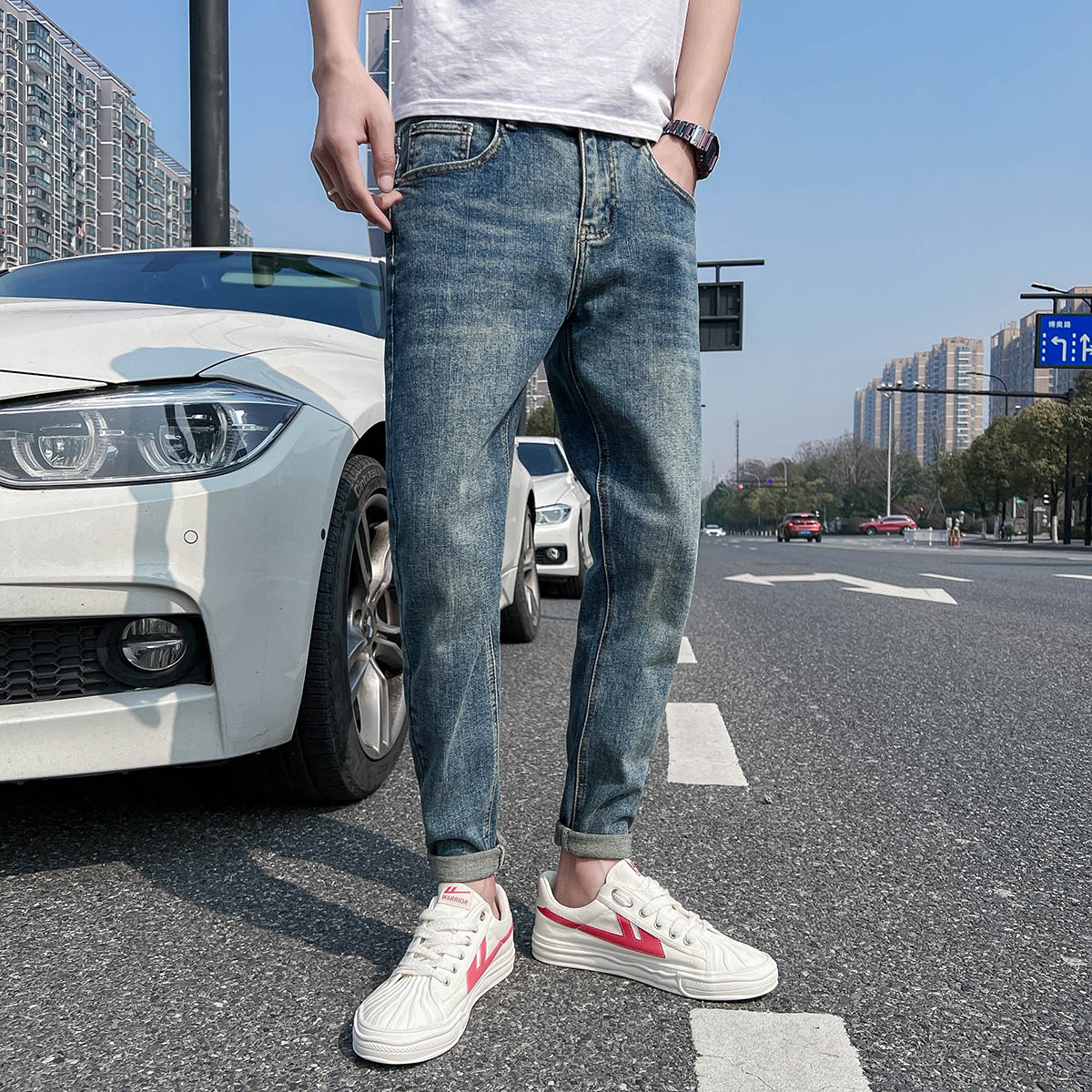马路街拍牛仔裤男士修身小脚弹力简约百搭潮牌显瘦休闲裤136P55,男装牛仔裤,星座1102