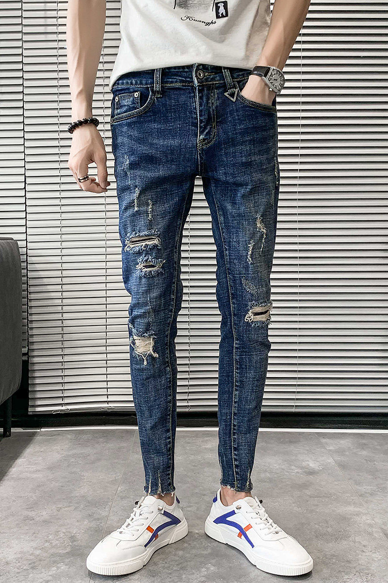 九分裤男士2025春夏季新款ins个性潮牌修身小脚破洞牛仔裤912P65,男装牛仔裤,星座1102