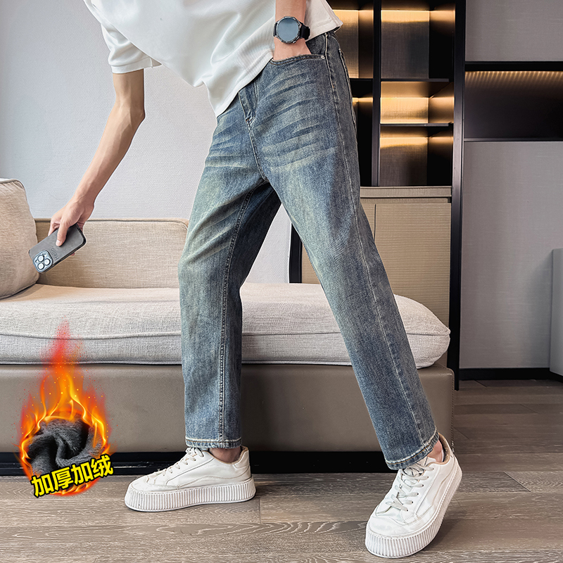加绒加厚秋冬美式弹力微宽松做旧蓝直筒牛仔裤男98606P55加绒P65，男装牛仔裤，星座1102