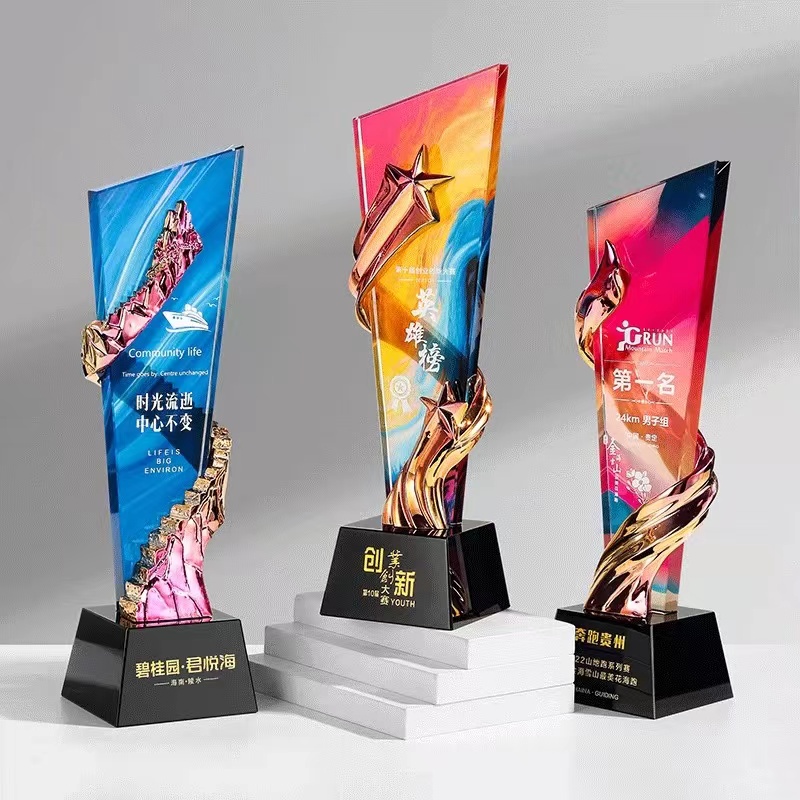 新款水晶奖杯定制创意高档大气五角星飘带树脂奖杯订制员工纪念品