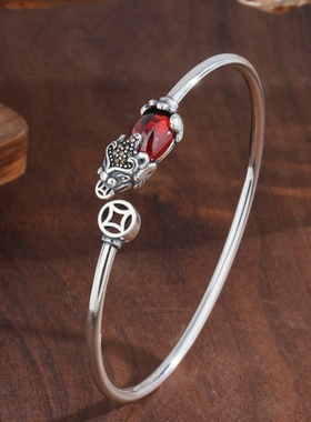925纯银石榴石貔貅手镯红宝石个性复古泰银高级手饰民族风女礼物