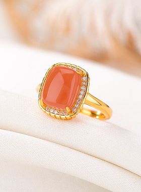 925纯银天然南红水红方形戒指几何轻奢简约显白时尚潮流银戒指