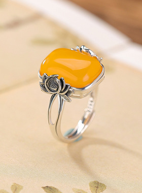 925纯银天然蜜蜡戒指复古做旧莲花民族风方形开口指环新款礼物