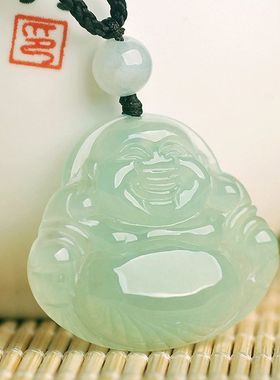 纯天然A货翡翠玉佛公项链玉佛笑佛弥勒佛挂件淡绿玉石高级礼物