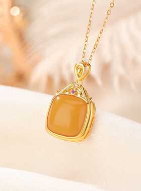 925纯银天然蜜蜡项链复古时尚简约几何方形气质百搭高级原创设计