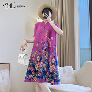 印花褶皱大码 妈妈夏装 宽松新中式 短袖 紫色弹簧裙子 连衣裙2026新款
