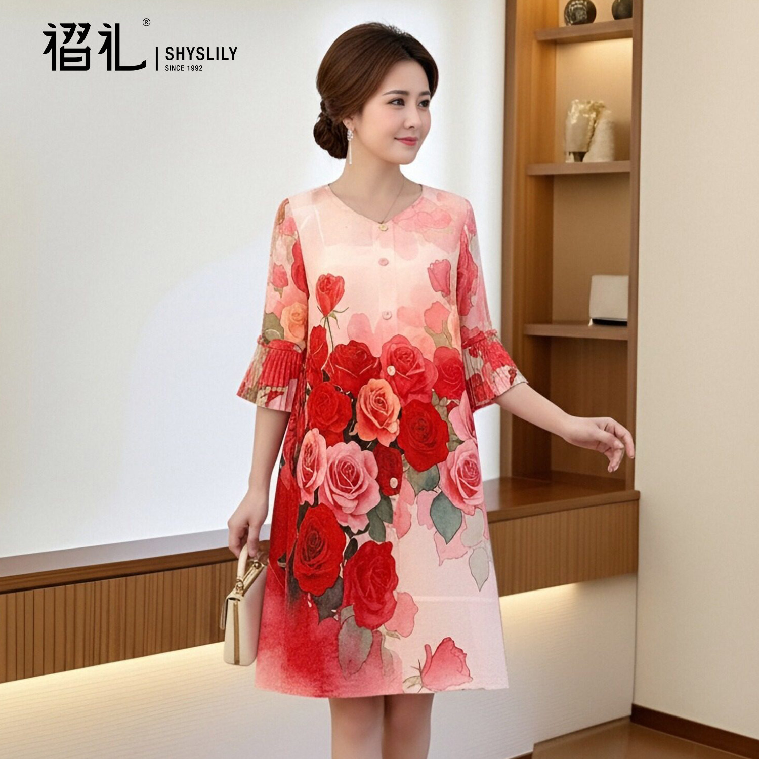 妈妈减龄连衣裙春装新款女装新中式印花红色裙子宽松大码开衫衣服