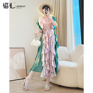 三宅褶皱连衣裙女夏季海边度假风裙子宽松优雅高级无袖中长款裙子