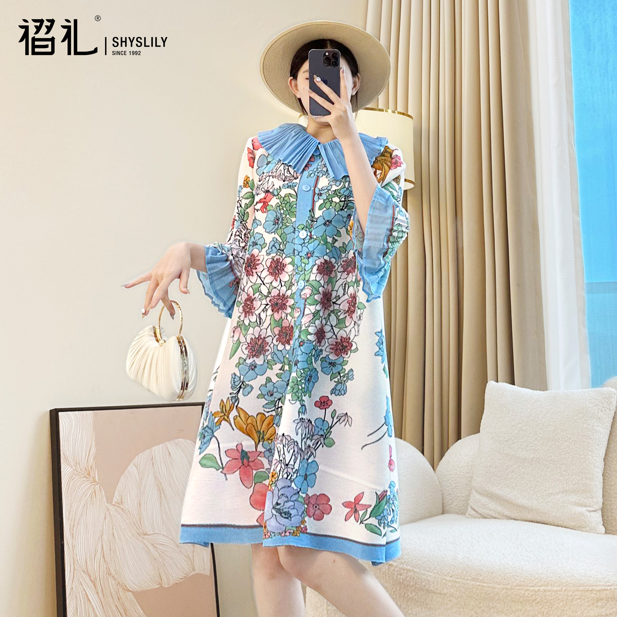 三宅减龄褶皱连衣裙春海边度假风