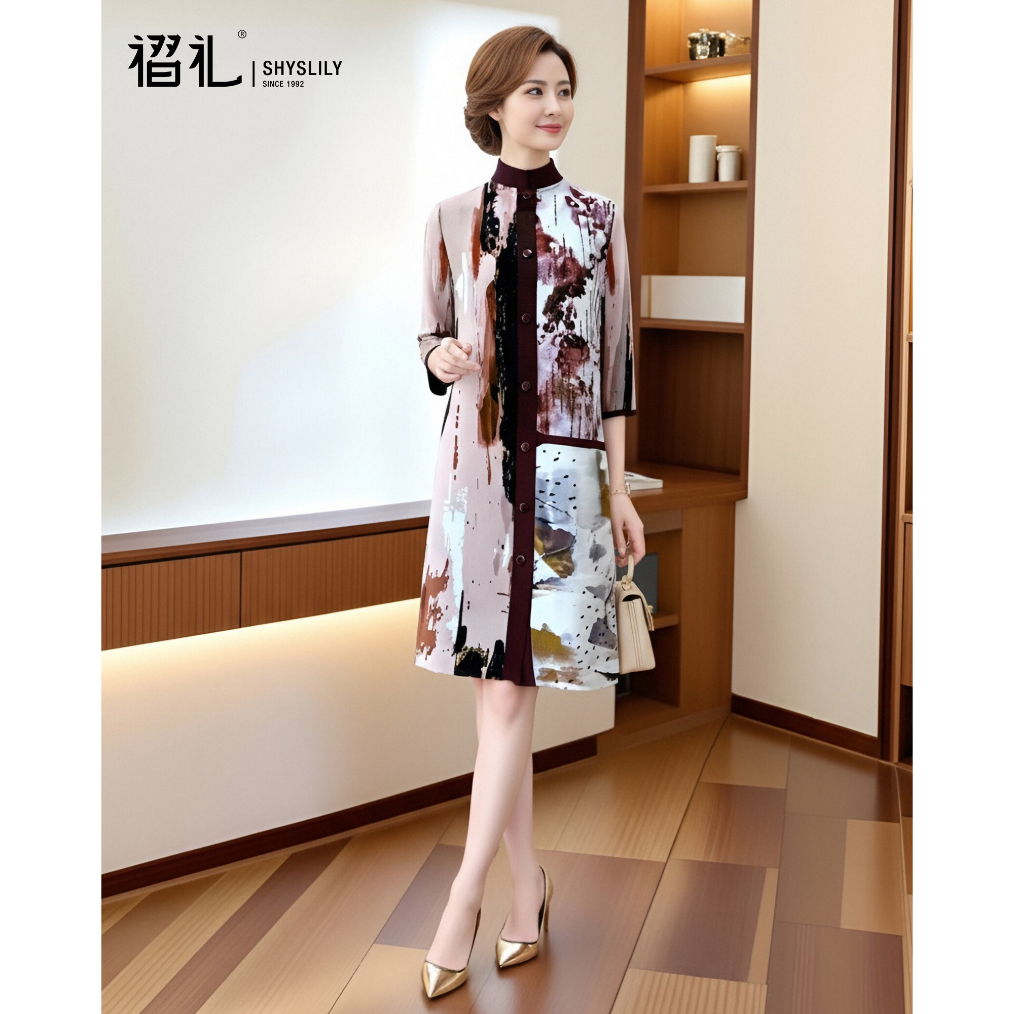 中年妈妈连衣裙2026新款春装女三宅复古印花裙大码宽松褶皱弹簧裙