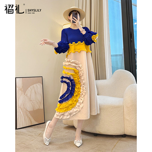 三宅褶皱海边优雅连衣裙女新款duangduang裙沙滩裙大码弹簧裙衣服