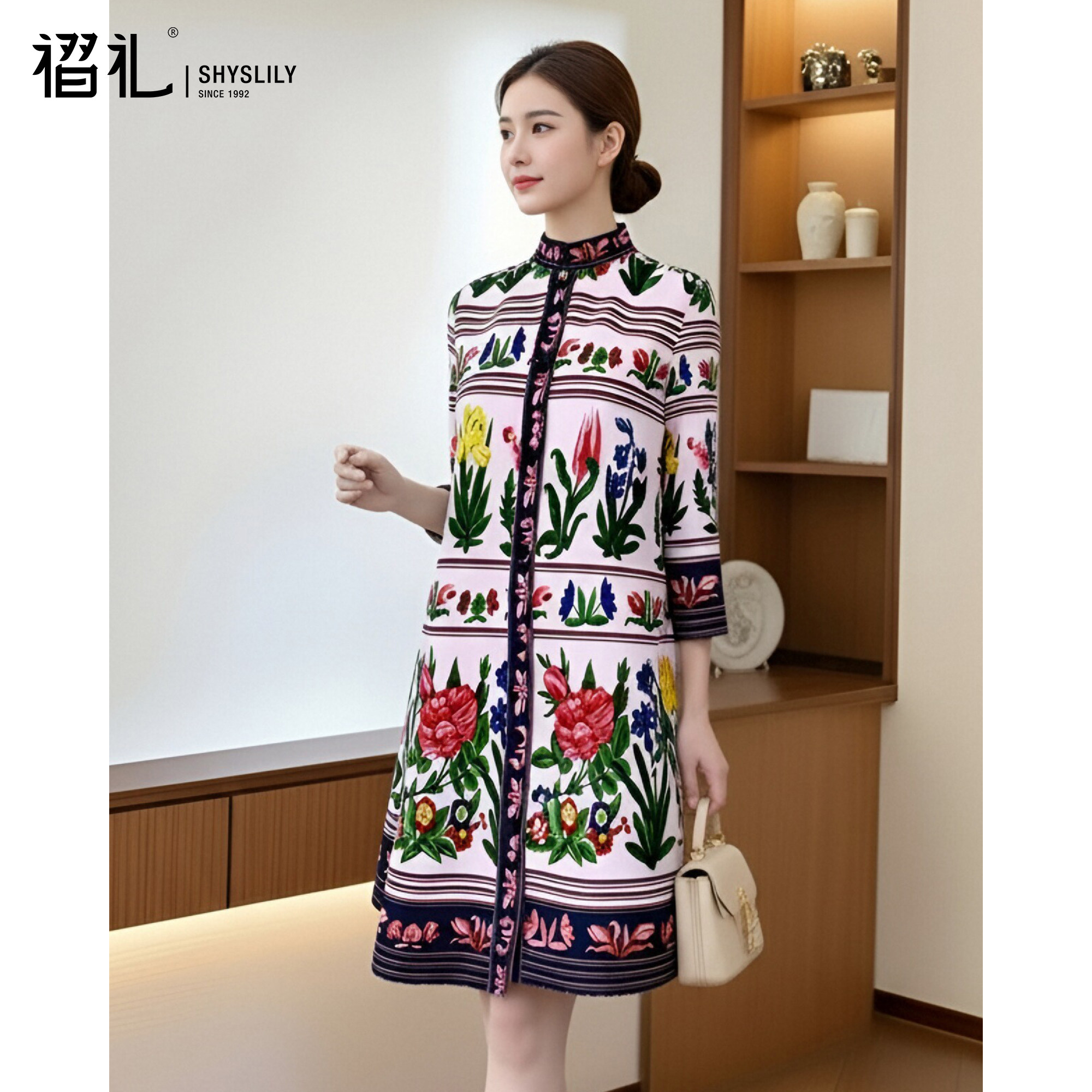 妈妈连衣裙春装2026新款减龄复古国风印花裙子宽松大码褶皱弹簧裙