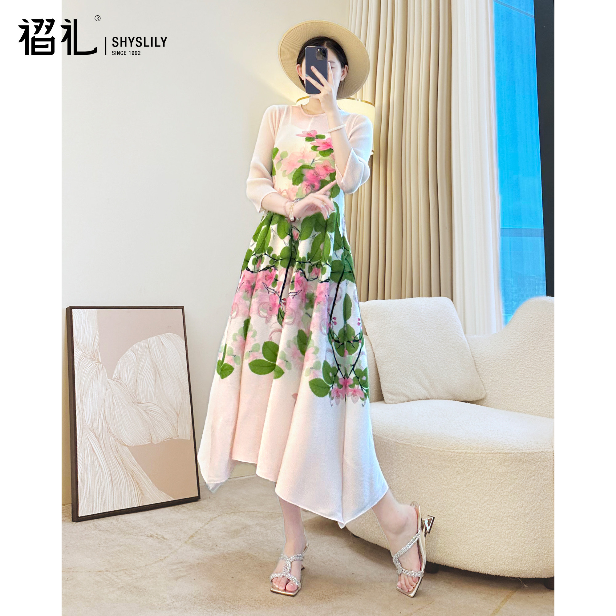 三宅国风优雅气质连衣裙春装秋季宽松遮肉长裙褶皱弹簧裙减龄妈妈