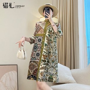 三宅风新中式复古国风褶皱连衣裙春秋新款高端印花弹簧裙妈妈裙子