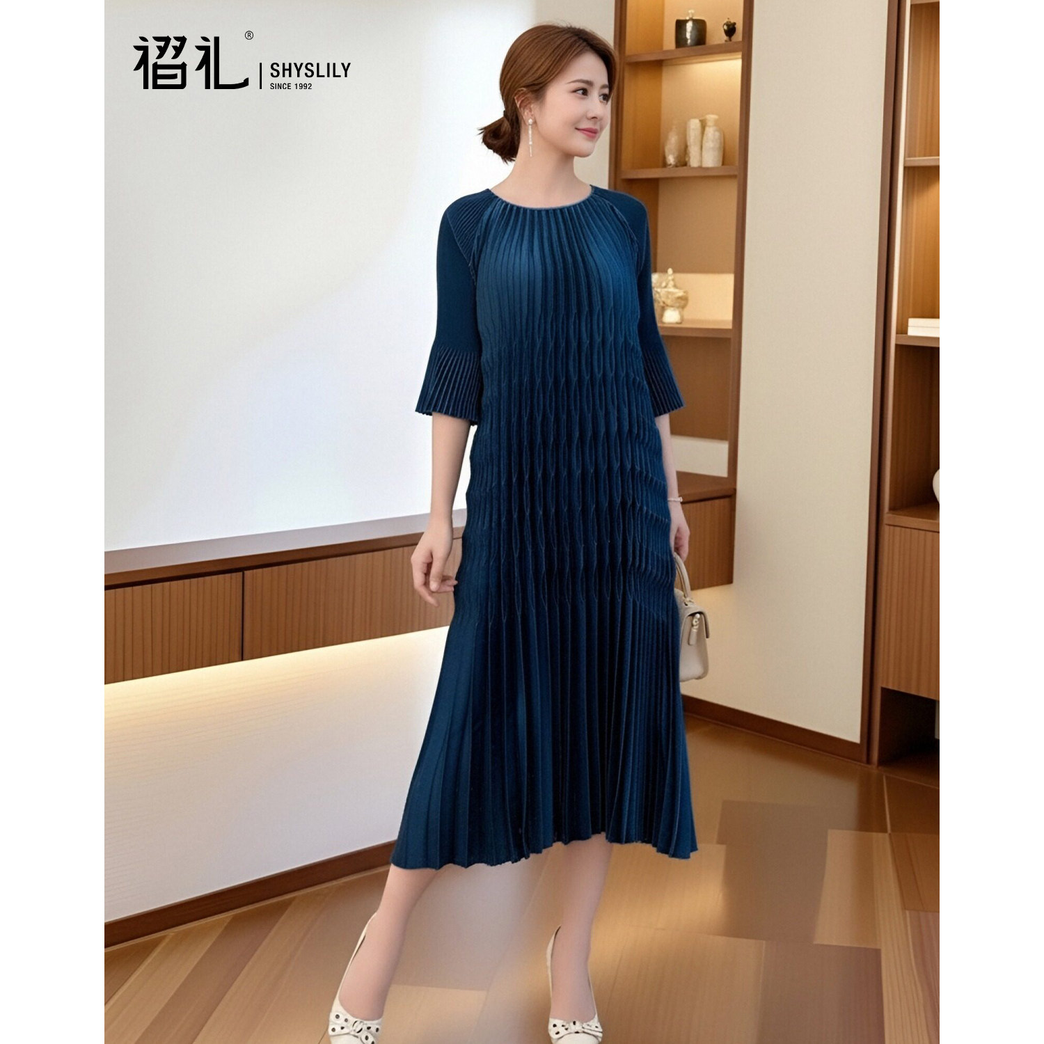 三宅褶皱果绿色百褶裙优雅气质连衣裙春装新款宽松大码女妈妈裙子