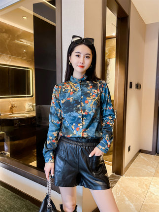 欧货大码碎花加绒衬衫女秋冬新款立领长袖修身气质衬衣百搭显瘦潮