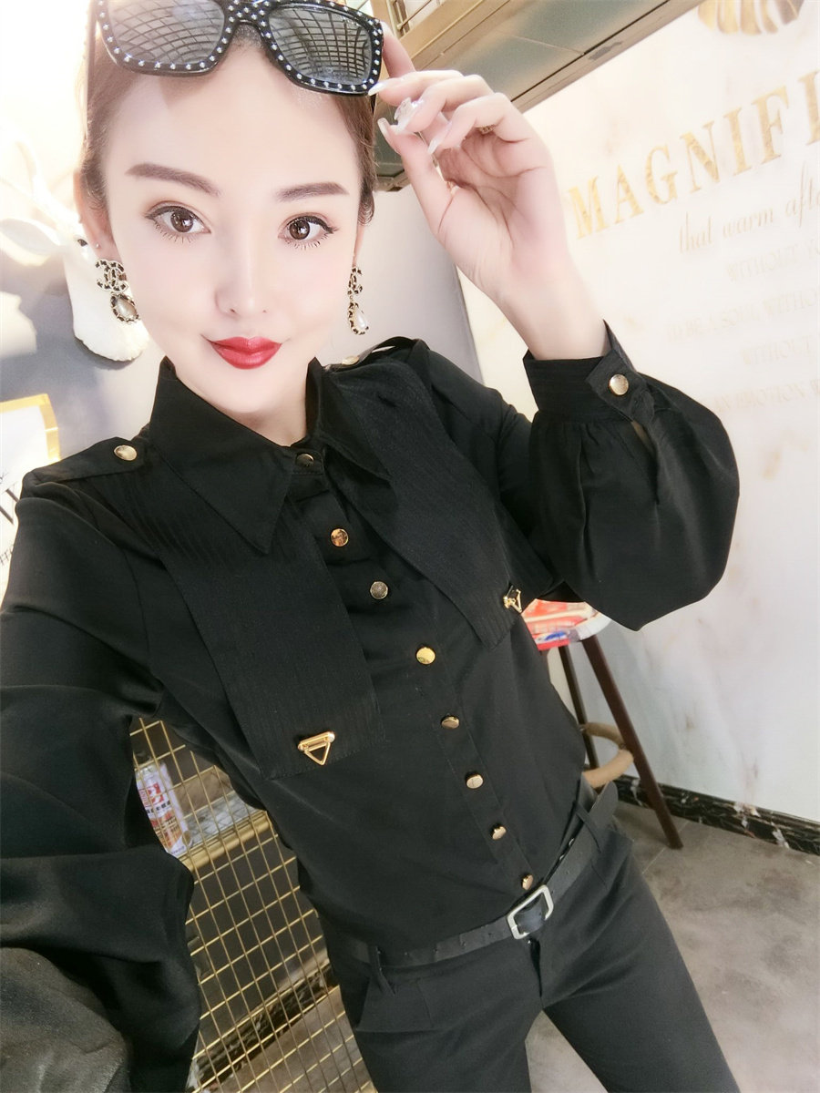 时尚假两件衬衫女春装新款韩版修身显瘦长袖打底衬衣职业工装OL潮