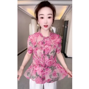 韩版重工时尚雪纺衫女士夏装新款菲菲边设计收腰减龄显瘦半袖百搭