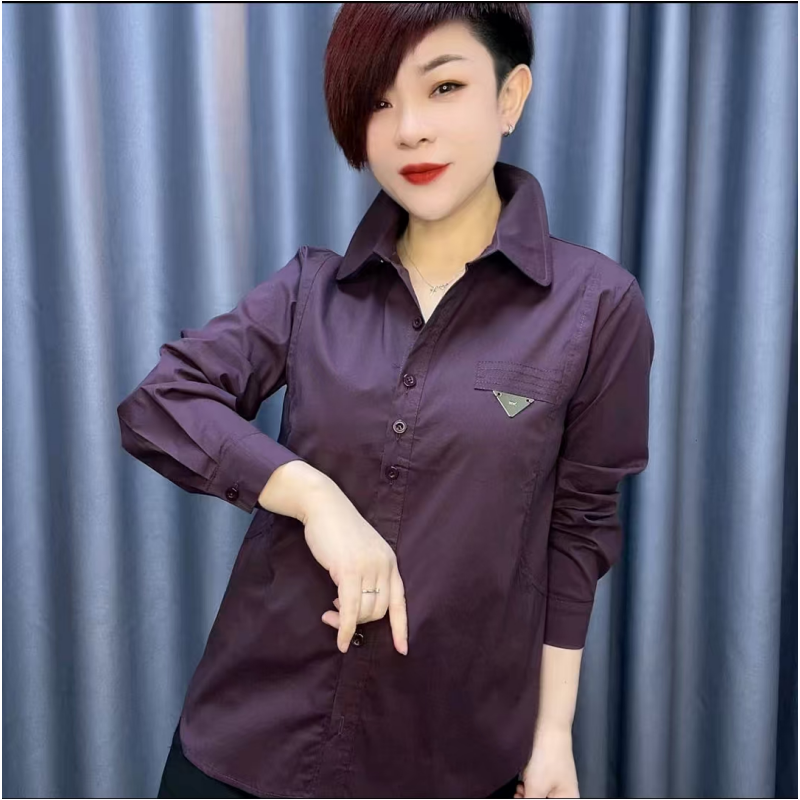 纯色休闲气质衬衫女士春秋装新款翻领韩范侧开叉双兜设计百搭衬衣