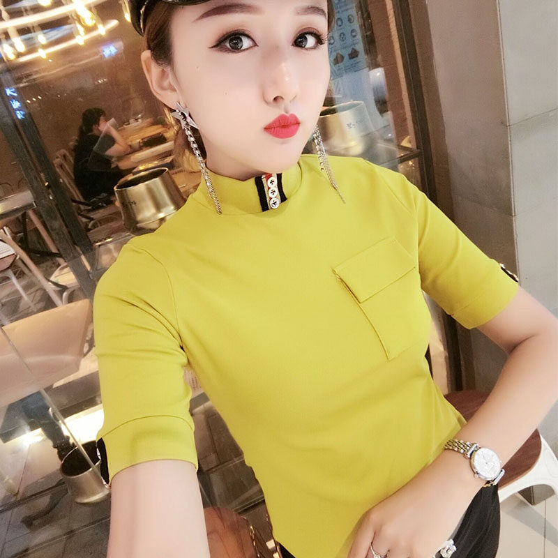 纯色短袖T恤女2023秋季新款修身显瘦韩版立领打底衫中袖洋气小衫