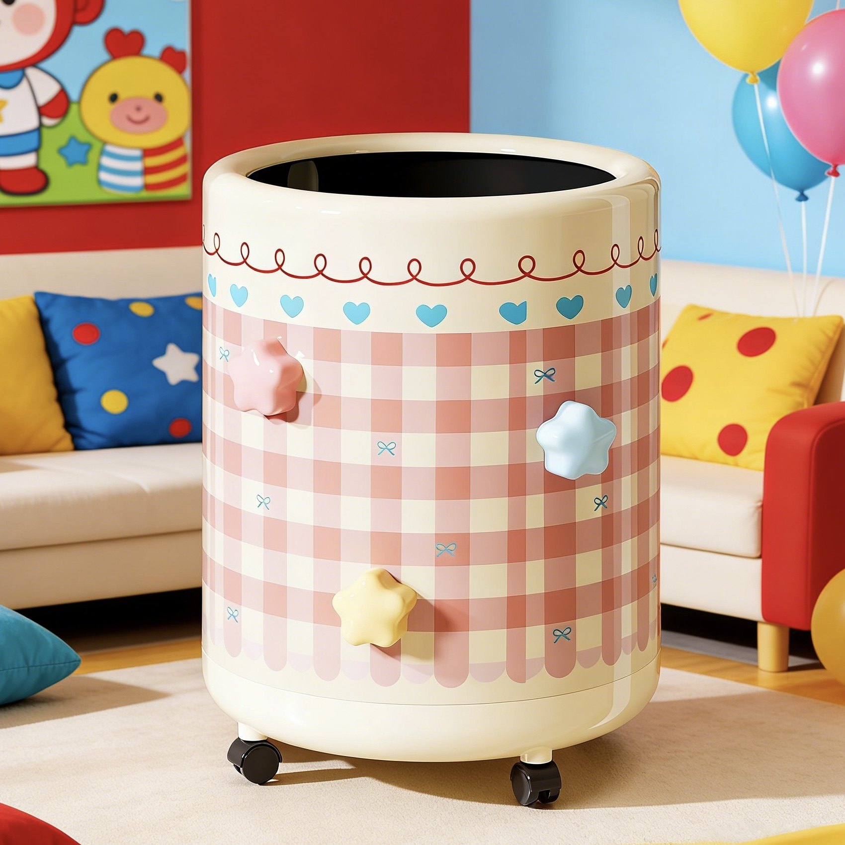 儿童房高颜值甜美可爱风圆桶垃圾桶卡通格纹星星装饰带轮移动家用