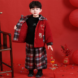 格子裤棉服套装中国风男童加绒两件套秋冬红色刺绣喜庆拜年服加厚