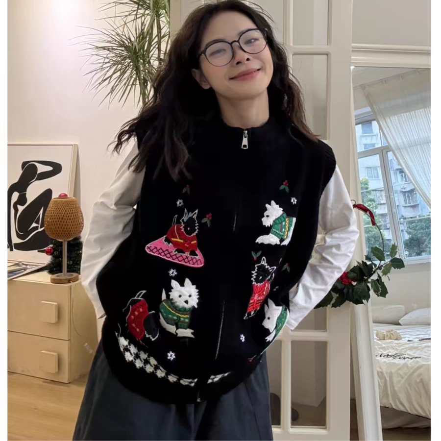 重工刺绣小狗针织衫拉链背心上衣