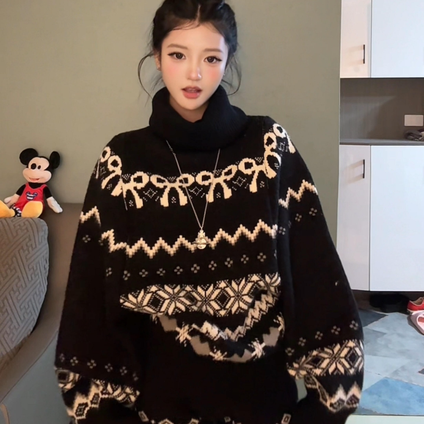 费尔岛黑色加厚高领针织两件套女