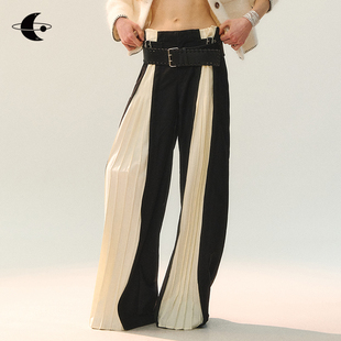 撞色拼接设计感宽松褶裥休闲裤 创世纪元 子女冬季 裤 素黑褶章