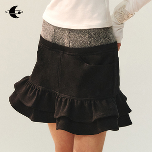 创世纪元【夜褶星边】半身裙女2026新款拼接腰头短款双褶边半裙