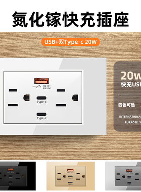 台湾美标六孔ACC专用110V插座带USB面板双type-c快充118型15A黑色