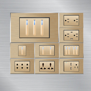 110v台湾美标插座LED灯琴键复位开关面板美规插座铝金属拉丝金色