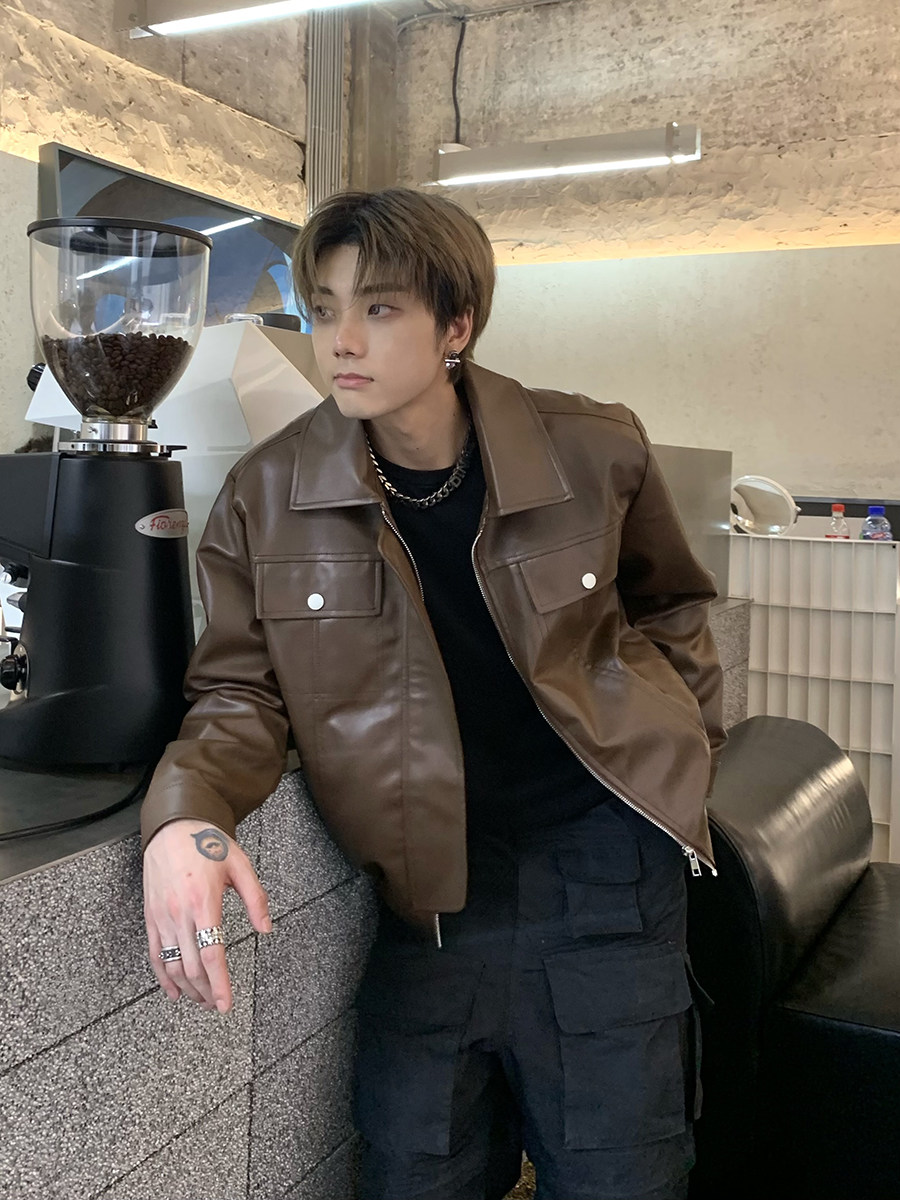 k09sauce美式复古廓形直角肩机车皮衣外套男春秋短款pu美拉德夹克