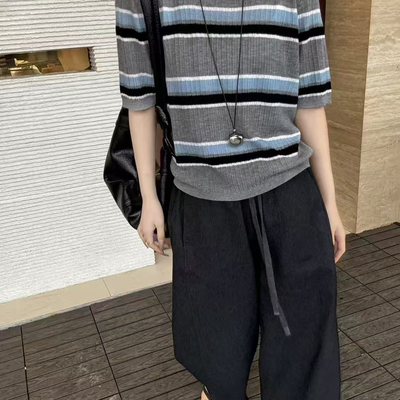 韩系撞色条纹圆领短袖针织衫女2025春夏简约时尚百搭休闲短袖上衣