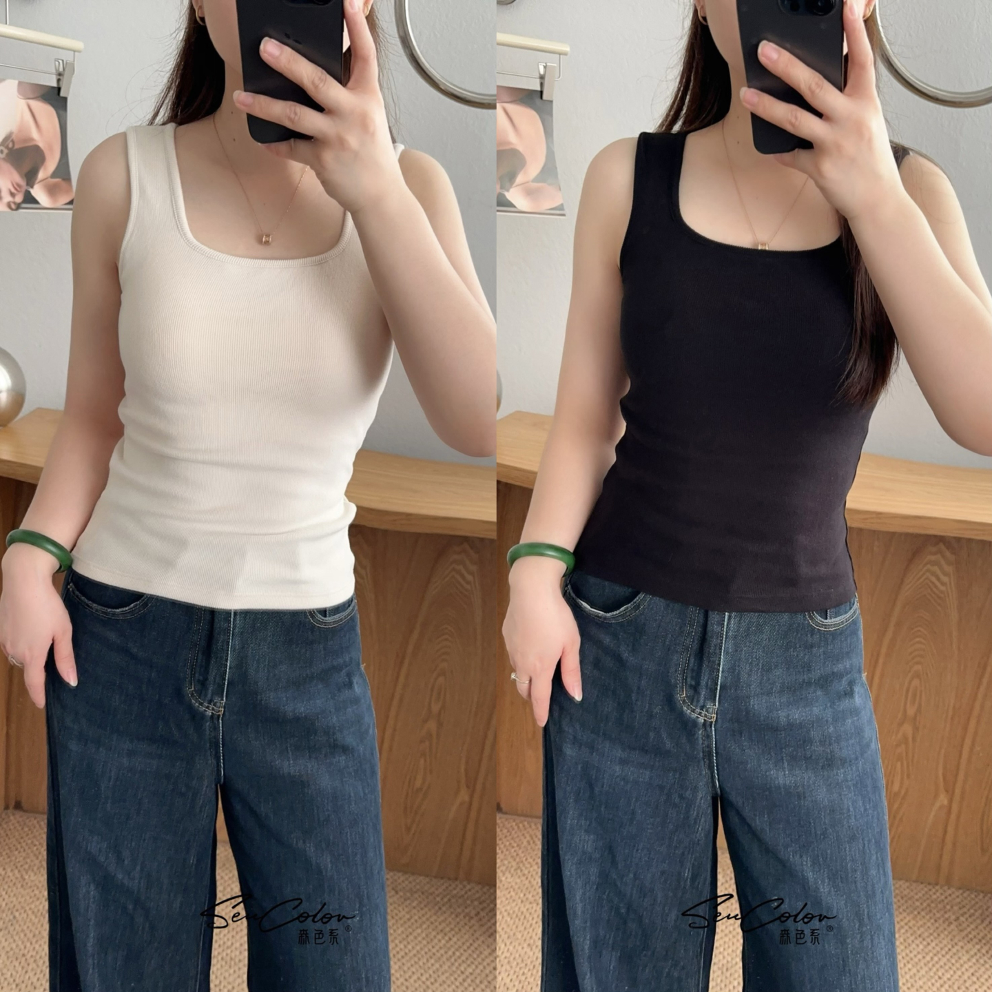 黛美芮保暖背心磨毛螺纹棉方领女