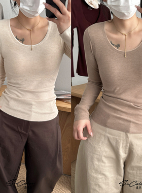 黛美芮秋冬新款无痕羊绒蛋白混纺圆领长袖磨毛保暖衣打底衫女3552