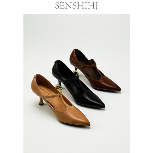 头层牛皮浅口细跟单鞋女尖头高跟