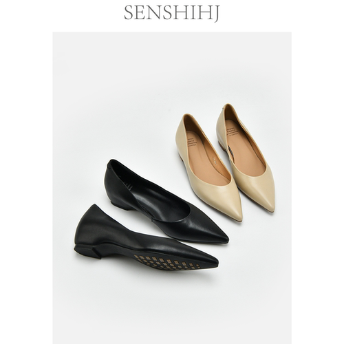 头层牛皮浅口尖头平底单鞋女春夏