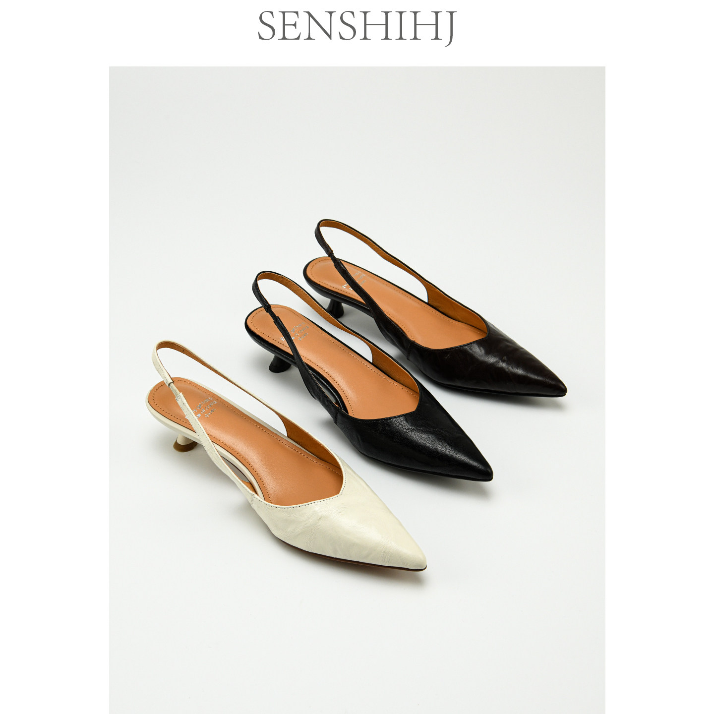 SENSHIHJ/森和匠头层羊皮细跟包头凉鞋女夏气质尖头中跟后空女鞋