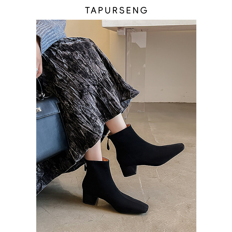 仆尔森TAPURSENG羊翻皮粗跟中跟短靴子女秋冬新款时尚方头瘦瘦靴