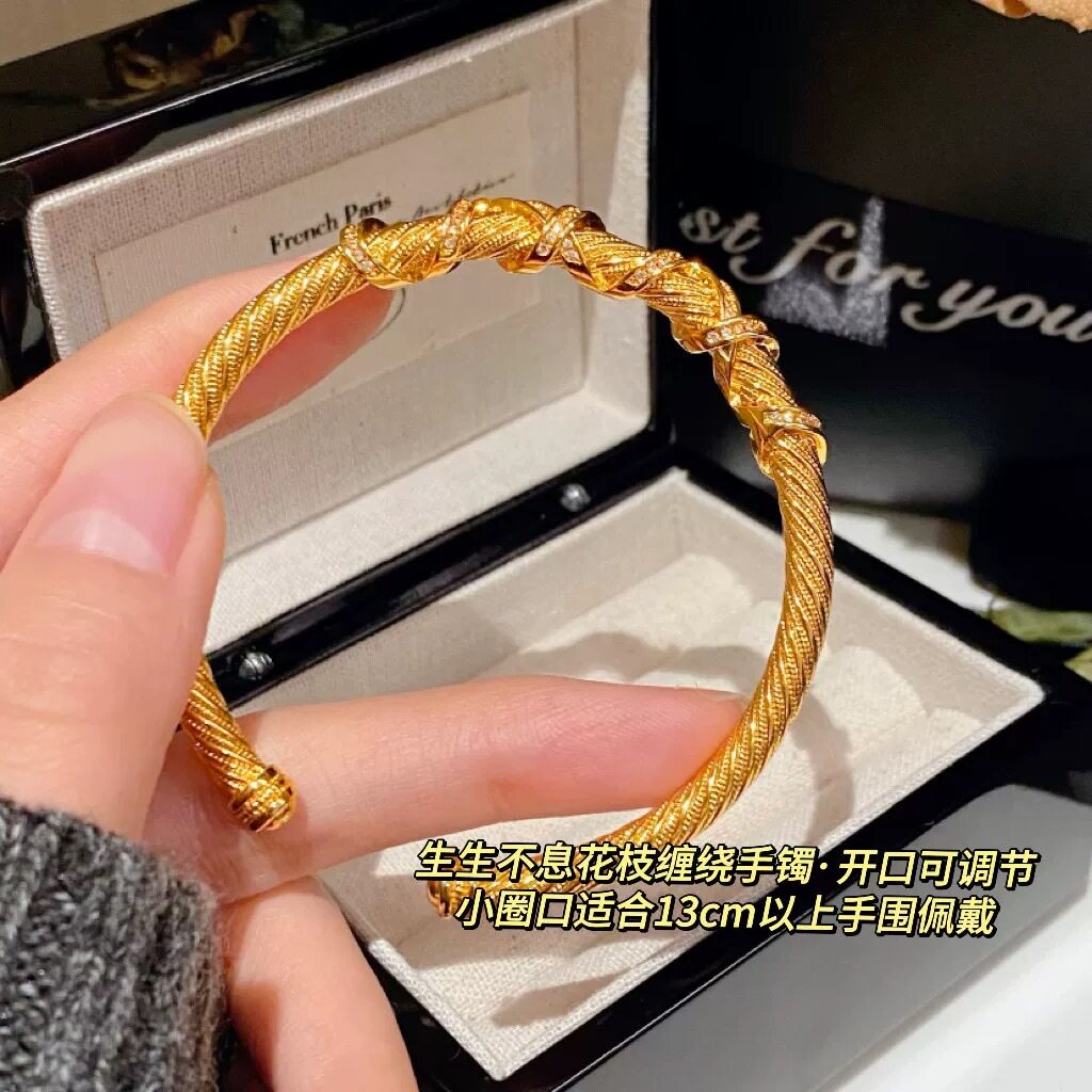 金店同款花丝镶嵌缠绕麻花纹生生不息手镯 沙金古法麻花扭纹手镯