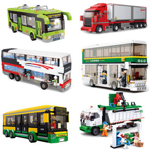 儿童汽车积木城市厢式货柜车冷藏车公交巴士校车小颗粒拼装玩具男